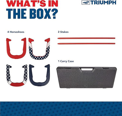 Triumph Forged and Steel Horseshoe Set Complete with 4 Horseshoes, 2 Stakes - Patriotic or Blue and Grey Colors - Perfect Addition for Parties and Outdoor Gatherings