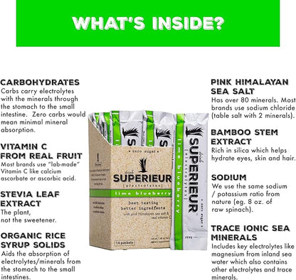 Superieur Electrolyte Powder Packets - Vegan Electrolyte Hydration Powder w/Sea Minerals - Keto Friendly, Non-GMO, Zero Sugar Electrolyte Supplement-Healthy Sports Drink -Lime Blueberry (14 Packets)