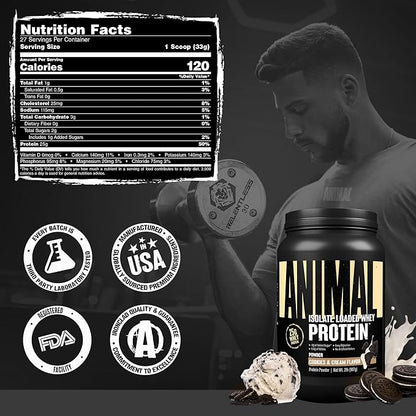 Animal Whey Isolate Protein Powder - Loaded for Pre & Post Workout Muscle Builder and Recovery with Digestive Enzymes for Men & Women - 25g Protein, Great Taste, Low Sugar - Cookies & Cream 2 lbs