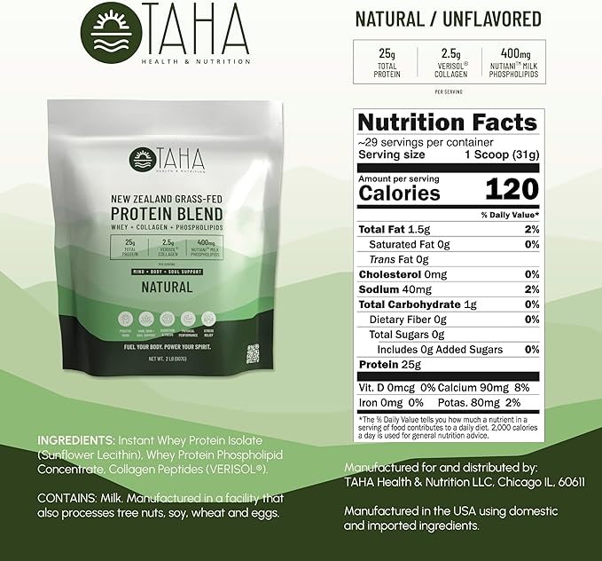 Taha Health & Nutrition Mind + Body Protein Blend ??Natural, Unflavored | 25g Protein from Whey & Collagen + 400mg Milk Phospholipids | Grass-Fed, Free-Range New Zealand Dairy | 2LB