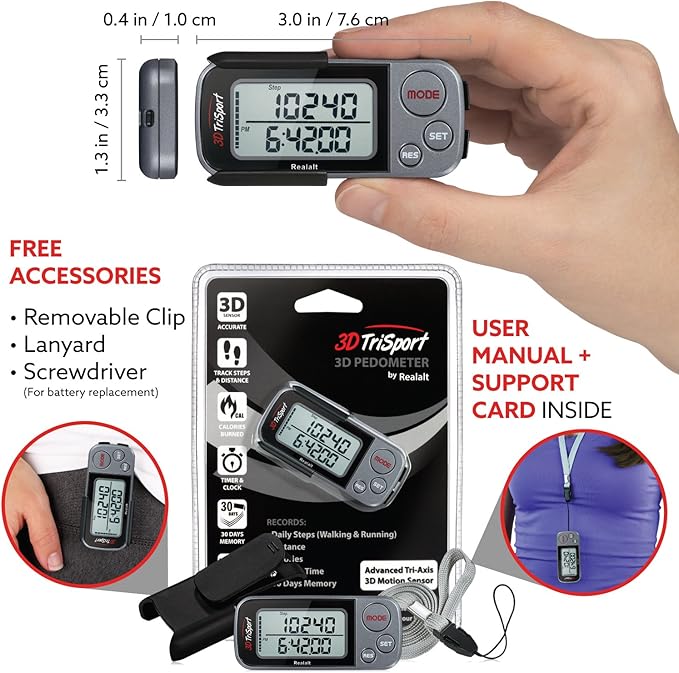 3DTriSport Walking 3D Pedometer with Clip & Strap, eBook Included | 30 Days Memory, Accurate Step Counter, Walking Distance Miles/Km, Calorie Counter, Daily Exercise Time Monitor