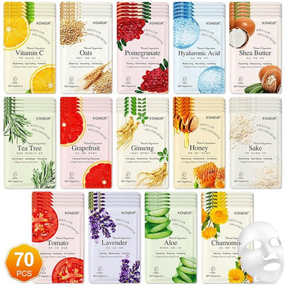 70 Pack Sheet Face Masks Skincare, Hydrating Face Masks Suitable for All Skin Types, Bulk Facial Mask Gifts Set for Women Skin Care, Home Skincare Spa for Sensitive Skin