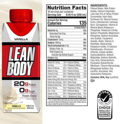 LABRADA Nutrition - Lean Body RTD Whey Protein Shake, Convenient On-The-Go Meal Replacement Shake for Men & Women, 20 Grams of Protein ??Zero Sugar, Lactose & Gluten Free, Vanilla (Pack of 16)