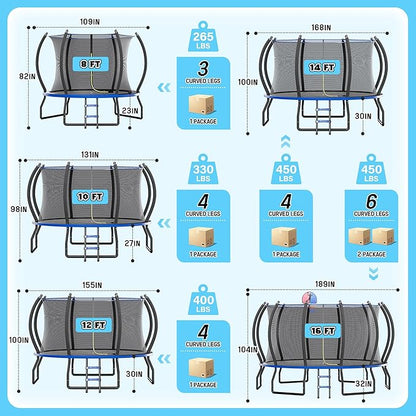 8FT 10FT 12FT 14FT 16FT Trampoline with Pop-up Quick Connector and Basketball Hoop, Trampoline Outdoor with Enclosure, Ladder, ASTM Approval for Kids and Adults