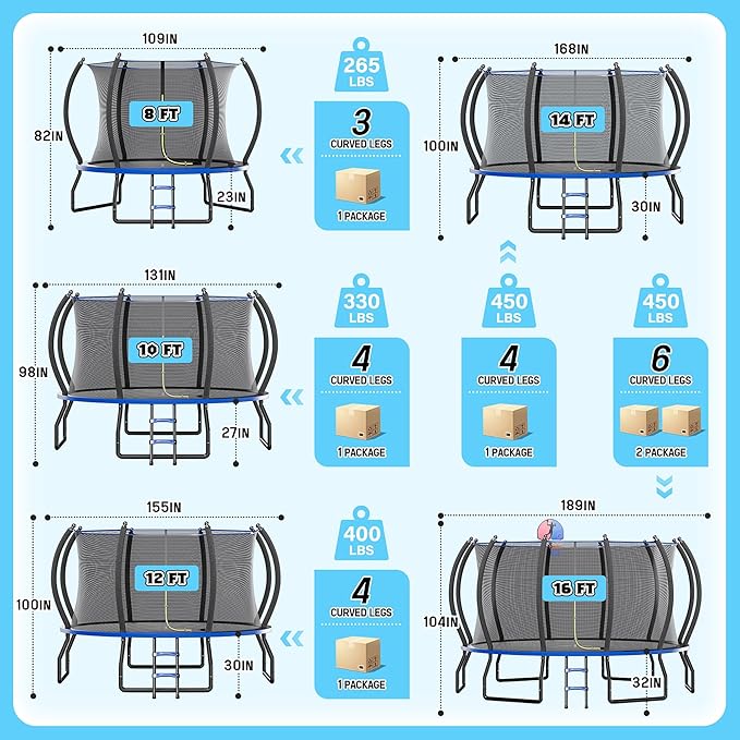 8FT 10FT 12FT 14FT 16FT Trampoline with Pop-up Quick Connector and Basketball Hoop, Trampoline Outdoor with Enclosure, Ladder, ASTM Approval for Kids and Adults