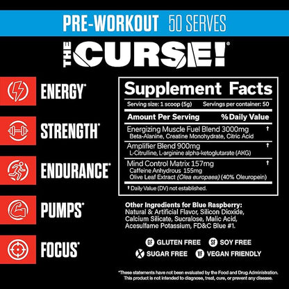 JNX SPORTS The Curse! Pre Workout Powder for Men & Women, Caffeine, Beta-Alanine, Creatine, L-Citrulline, 50 Servings, Blue Raspberry Flavor ??Boost Energy, Strength & Focus