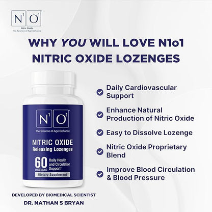 Nitric Oxide Lozenges - 60 Count - Nitric Oxide Supplement for Heart Health, Circulation, Energy, Blood Flow, Oxygenation, Healthy Blood Pressure, Cardiovascular Support for Men & Women