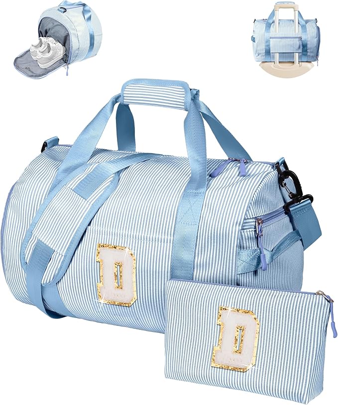 Cute Preppy Gifts for Girls, Girl Gym Bag, Kids Initial Overnight Duffel Bags with Shoe Compartment, Personalized Travel Bag with Makeup Pouch, Chenille Birthday Gift for Teen (Letter D)