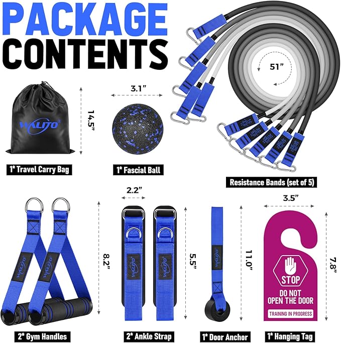 WALITO Resistance Bands Set - Exercise Bands with Handles, Door Anchor, Legs Ankle Straps, for Heavy Resistance Training, Physical Therapy, Muscle Training, Yoga, Home Workouts, Gym Equipment