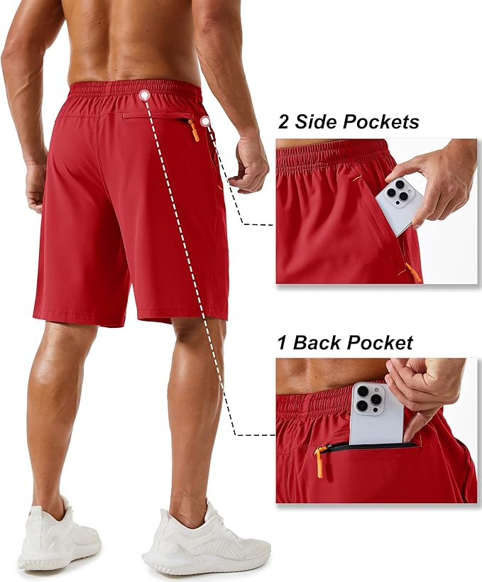 TACVASEN Men's Running Athletic Shorts 9" Quick Dry Workout Gym Shorts Lightweight Summer Shorts 3 Zipper Pockets