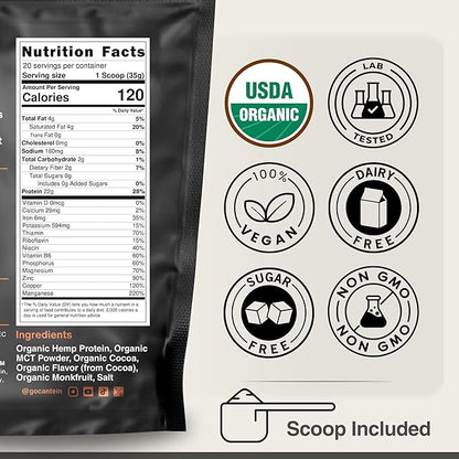 Organic Hemp Protein Powder, Plant Based and Vegan Protein Shake, Lactose and Dairy Free, Gluten Free, Clean and Natural- Chocolate (20 Servings)