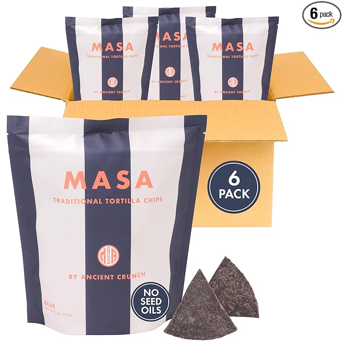 MASA Chips Blue Corn Tortilla Chips - Naturally Grown Blue Corn with Grass Fed Tallow and Sea Salt Tortilla Chips - No Seed-Oil Snacks - 6 Pack, 5 Ounce Each
