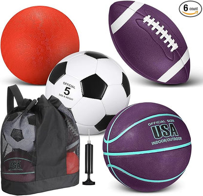 Lenwen 4 Pcs Sports Balls Set, Include Official Size Basketball Soccer Football Playground Ball Pump Equipment Bag for Teen Adult Gift Operation Christmas Ball Gifts