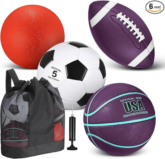 Lenwen 4 Pcs Sports Balls Set, Include Official Size Basketball Soccer Football Playground Ball