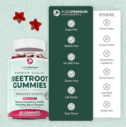 PurePremium Beet Root Gummies - 60 Sugar Free Chews (50:1 Equivalent 1500 mg) - Super Nitric Oxide Beetroot Gummies | Natural Blueberry Flavor - Supplements for Normal Blood Pressure