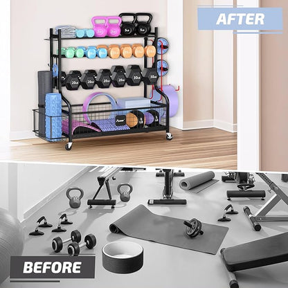 PLKOW Dumbbell Rack, Weight Rack for Dumbbells, Home Gym Storage for Dumbbells Kettlebells Yoga Mat and Balls, All in One Workout Storage with Wheels and Hooks, Powder Coated Finish Steel
