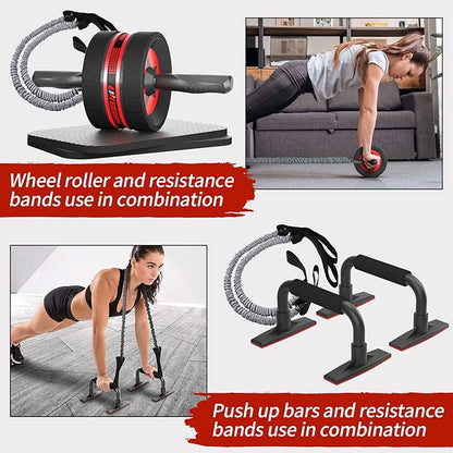 Ab Rollers Wheel Kit, Exercise Wheel Core Strength Training Abdominal Roller Set with Push Up Bars, Resistance Bands, Knee Mat Home Gym Fitness Equipment for Abs Workout