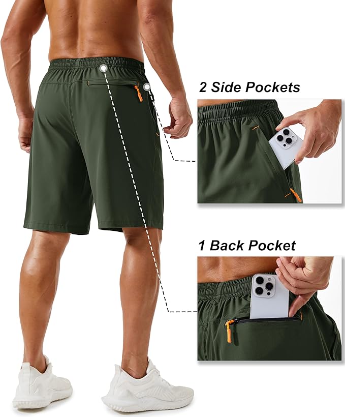 TACVASEN Men's Running Athletic Shorts 9" Quick Dry Workout Gym Shorts Lightweight Summer Shorts 3 Zipper Pockets