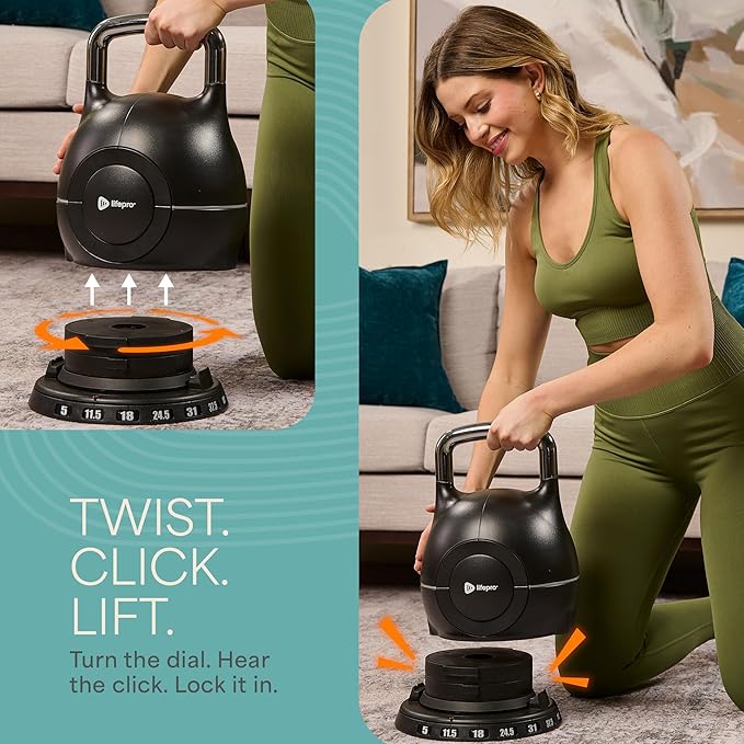 Lifepro Adjustable Kettlebell - 7in1 Kettlebells Weight with Quick-Select Dial & Safety Lock – Choose 22.5 lb or 44 lb – Compact Space Saving for Strength Training & Full Body Workouts