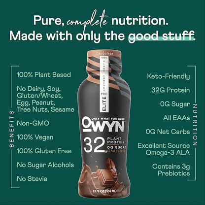 OWYN Only What You Need Pro Elite Vegan High Protein Keto Shake, 32g Protein, 9 Amino Acids, Omega-3, Prebiotics, Superfoods Greens for Workout and Recovery, 0g Net Carbs, Zero Sugar, Chocolate, 12 Fl Oz (Pack of 12)