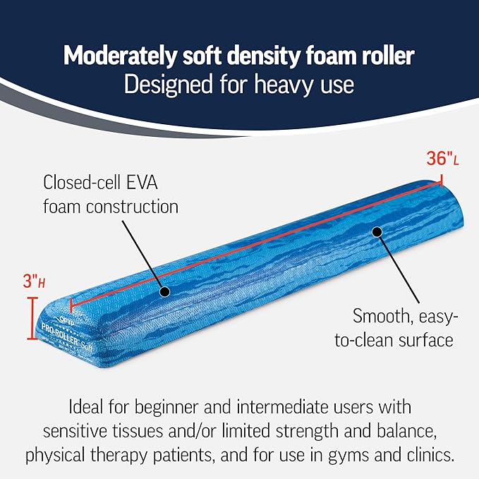 OPTP PRO-Roller Soft Density Foam Roller ??Low Density Soft Foam Roller for Physical Therapy, Pilates, Yoga Foam Roll Exercises, and Muscle Recovery - Blue 36" x 6" x 3" Half-Round
