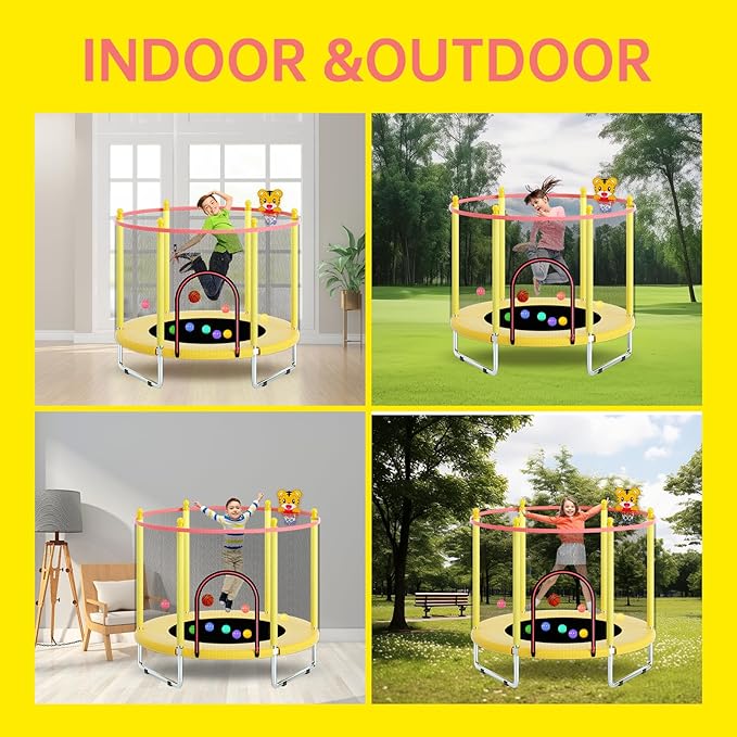 55" Trampoline for Kids, Telawah Indoor/Outdoor Mini Baby with Safety Enclosure Net, Adjustable Toddler with Basketball Hoop, Gifts for Boys & Girls