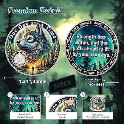 One Day at a Time 25 Year Sobriety Coin - Recovery Aurora Forest Wolf AA Coins - Addiction NA AA Chips and Medallions - Celebrate 1-30 Living Clean Narcotics Alcoholics Anonymous Gifts for Men Women