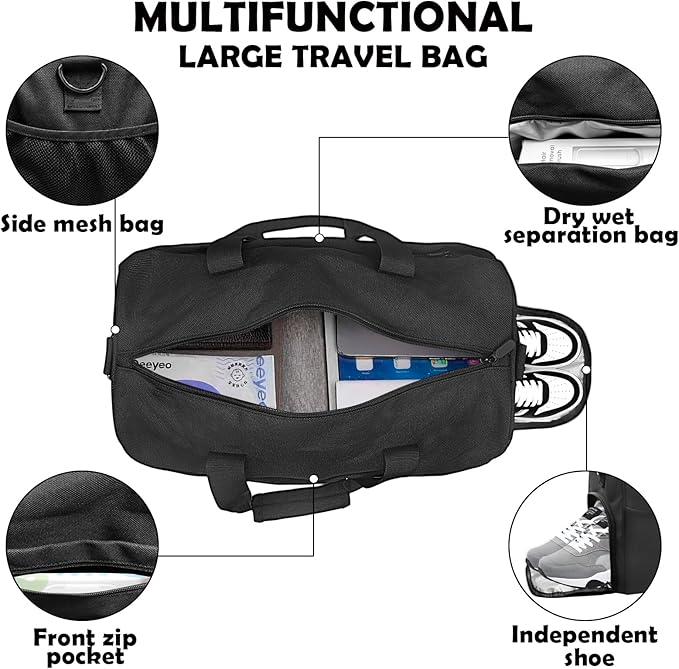 Gym Bag for Men Women, Duffle Bag with Shoe & Laptop Compartment, Waterproof Fitness Workout Sports Bag for Travel Overnight Weekend Swimming Yoga (Black, 42x25x20cm)