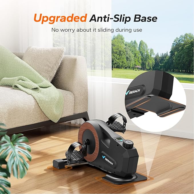 Under Desk Bike Pedal Exerciser, Quiet Magnetic Mini Exercise Bike with MERACH App for Arm, Leg Recovery, Physical Therapy, Smooth Foot Desk Cycle with 2 Resistance Bands & Non-Slip Mat