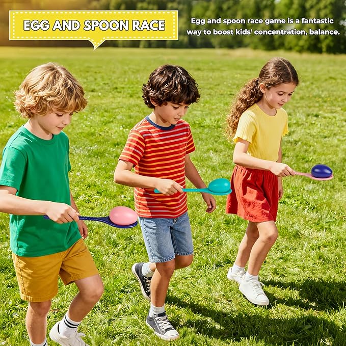 4-in-1 Outdoor Kids Party Games Set – Includes Hole Tarp Ball Game, Egg Spoon Race Game, 3 Legged Race Bands & Tail Tag Belts – Fun Team Building Backyard Carnival Birthday Games for Ages 5-12