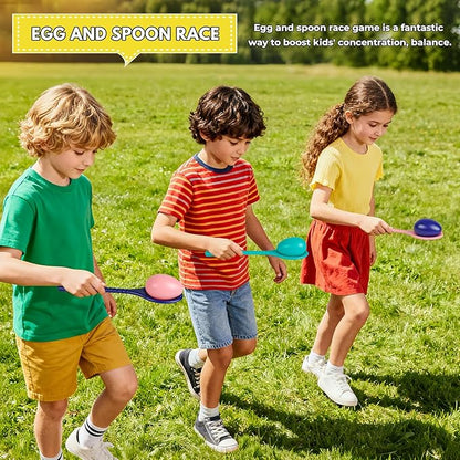 4-in-1 Outdoor Kids Party Games Set – Includes Hole Tarp Ball Game, Egg Spoon Race Game, 3 Legged Race Bands & Tail Tag Belts – Fun Team Building Backyard Carnival Birthday Games for Ages 5-12