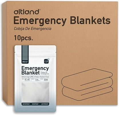 Altland 10 Pack of Emergency Blankets - Heat Reflective Blankets for Winter Survival Kits, Disaster Preparedness, Cold Weather Camping, and Homeless Care Packages