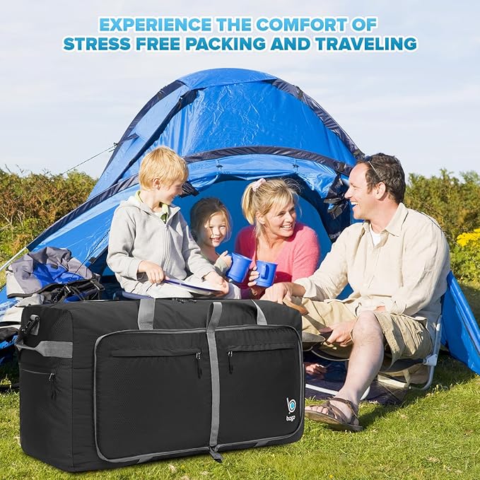 Bago Large Foldable Duffel Bags for Traveling Women & Men - 100L Packable Duffle Bag for Travel with Shoe Compartment - Water Repellant, Heavy Duty, Lightweight Folding & Collapsible (Black)