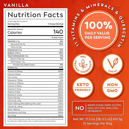 Veeg All-in-One Protein Smoothie Powder - Plant Based Protein Powder, Superfoods, Organic Greens, MCT Powder, Probiotics, Multivitamins for Men & Women, Sugar-Free, 15 Servings (Vanilla)