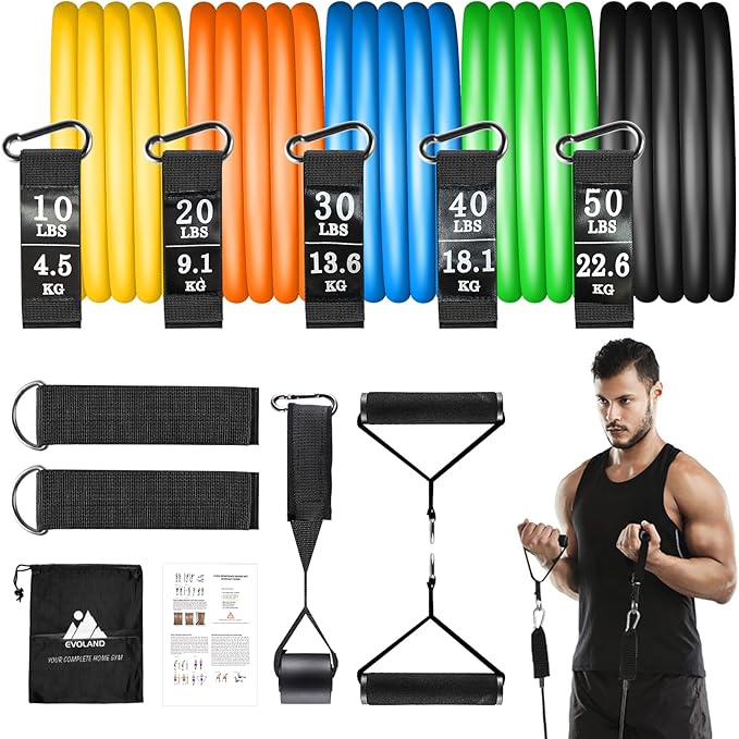 Resistance Bands Set, Workout Bands with Handles, Door Anchor, Ankle Straps and Carry Bag, Exercise Bands for Shape Body and Home Workouts