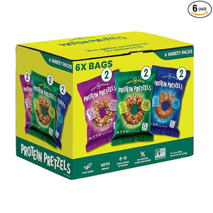 Crisp Power Protein Pretzels, Variety Pack With Sea Salt, Sesame, & Everything, Vegan Keto Snack, Plant Based Protein, Low Carb Crunchy Pretzel Snacks, Sugar Free, No Seed Oils, 1.75 Oz Bags, 6 Pack