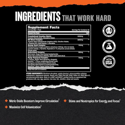 Animal Pump Pre-Workout Supplement ??for Energy, Focus and Muscle Volumizing, with Nitric Oxide Boosters Including Stims and Nootropics, Creatine, and Ultimate Pump Enhancer, 30 Packs