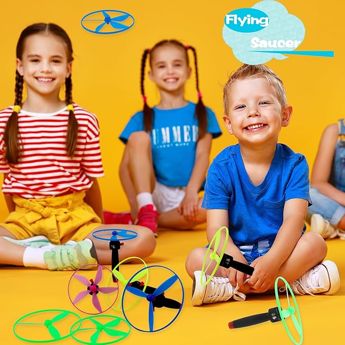 48 Pcs Flying Saucer Flying Disc Toy Helicopter Toy Disco Flyers Include 16 String Launchers and 32 Flying Saucer for Kids Outdoor Games Birthday Favors, Random Colors