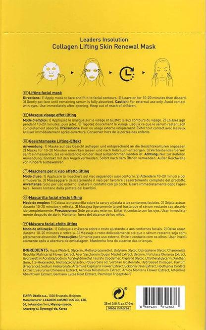 Leaders Insolution Collagen Lifting Skin Renewal Mask | Marine Collagen for Firmness and Elasticity Anti-Wrinkle, Sculpting Facial Sheet | Hydrating Serum for Smooth Skin (10 Sheets)