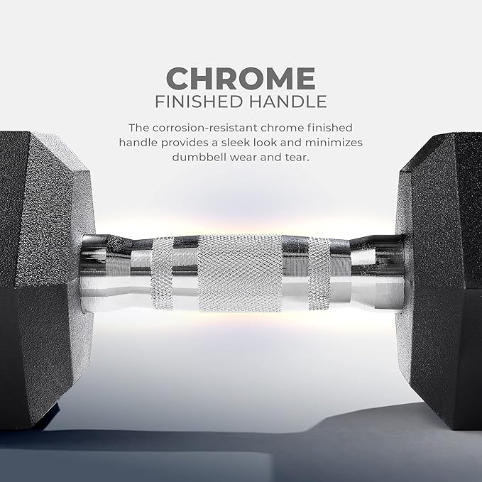 Sunny Health & Fitness Hex Style Dumbbell 5 LBS TO 50 LBS Chrome Handles, Hand Weight for Strength Training, Home Gym, Exercise, Workout Equipment Multiple Size Options