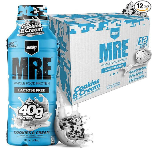 REDCON1 MRE Ready to Drink Protein Shake, Cookies & Cream - Lactose + Whey Free RTD 40gr Protein