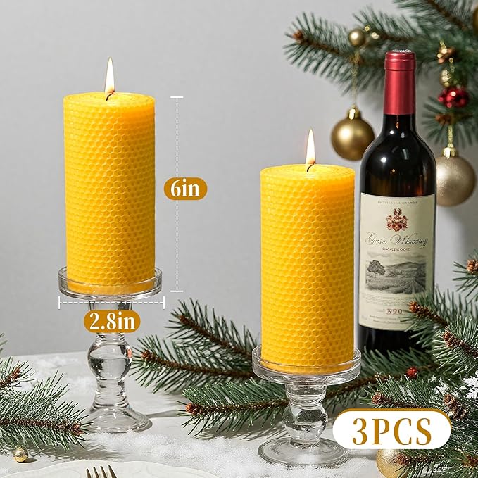 3 Pack Natural Beeswax Pillar Candles,2.8x6in Handmade Beeswax Rolled Candles,129 Hours Long Burning Honeycomb Bees Wax Candle for Gift & Home Decor,Dripless Smokeless Unscented