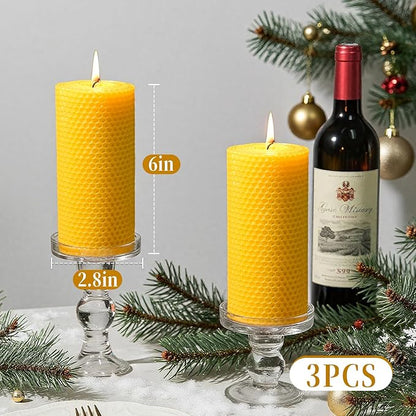 3 Pack Natural Beeswax Pillar Candles,2.8x6in Handmade Beeswax Rolled Candles,129 Hours Long Burning Honeycomb Bees Wax Candle for Gift & Home Decor,Dripless Smokeless Unscented