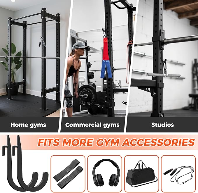J Hooks for Squat Rack,Squat Rack Attachments for Home Gym Storage,Portale Power Rack Accessories, J-Hook Storage Rack Holder for Resistance Bands, Barbell Collars and Gym Accessories-6PCS