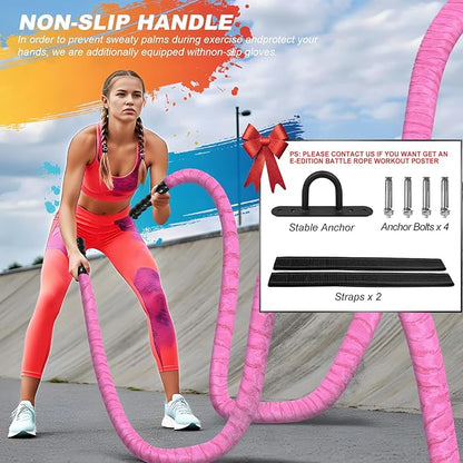 Battle Ropes for Home Gym,1.26inch 30ft Long Pink Battle Ropes with Protective Cover - Workout Equipment Heavy Exercise Rope for Strength Training for Kids or Adults