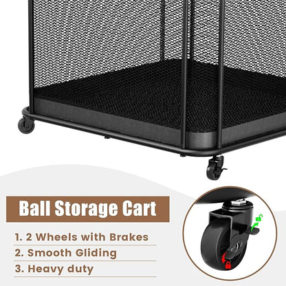 VOPEAK Oversized Rolling Ball Storage Cart with Lockable Wheels, Ball Storage Organizer with Mesh Basket, Sports Ball Rack for Indoor Outdoor, Metal Sports Equipment Organizer for Garage Gym School
