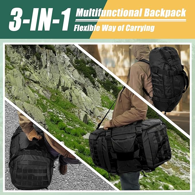 55L Large Travel Gym Duffle Bag Military Tactical Backpack, Army Pack 3 Day Bug Out Bag Rucksack for Outdoor Sport Hiking Camping with Molle System, Black