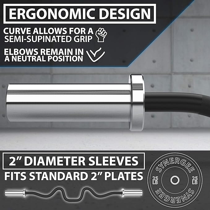 Synergee Commercial Super EZ Curl Olympic Bar Chrome, Black Phosphate and Red with Powder Coated Brass Bushings Excellent for Bicep Curls and Triceps Extensions
