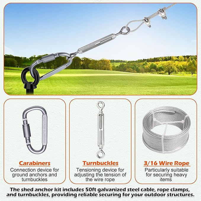 4 Pcs 18" Fully Welded Ground Anchors Shed Anchors Kit with 1/8" Galvanized Cable & Turnbuckles & Carabiners, Heavy Duty Earth Anchors for Sheds Trees Trampoline Greenhouse Swing Set Tent (Black)