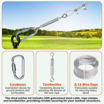 4 Pcs 18" Fully Welded Ground Anchors Shed Anchors Kit with 1/8" Galvanized Cable & Turnbuckles & Carabiners, Heavy Duty Earth Anchors for Sheds Trees Trampoline Greenhouse Swing Set Tent (Black)